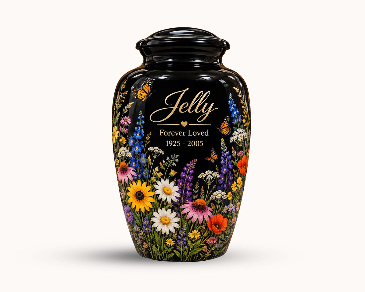 black butterfly wildflower cremation urn for human ashes, handmade aluminum memorial urn – photo 2