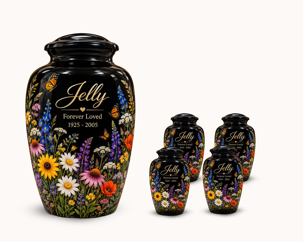 black butterfly wildflower cremation urn for human ashes, handmade aluminum memorial urn – photo 5
