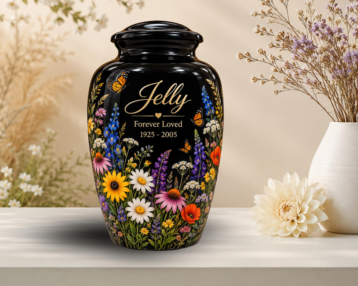 black butterfly wildflower cremation urn for human ashes, handmade aluminum memorial urn – photo 4