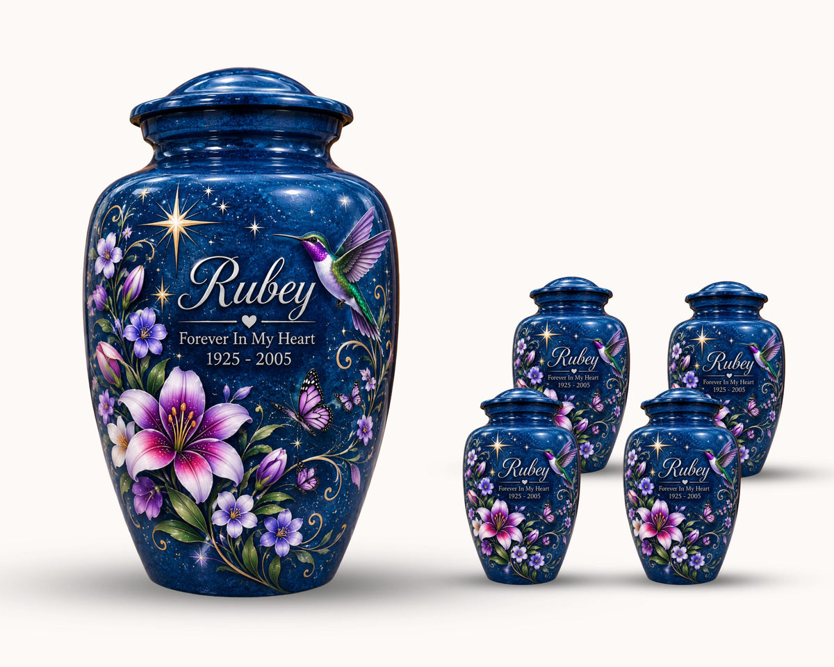 purple lily hummingbird cremation urn for human ashes, handmade aluminum memorial urn – photo 5