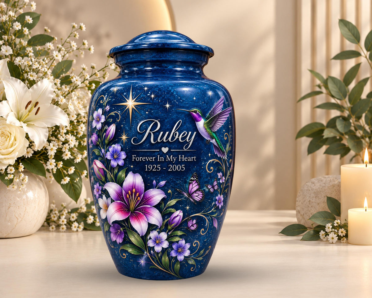 purple lily hummingbird cremation urn for human ashes, handmade aluminum memorial urn – photo 3
