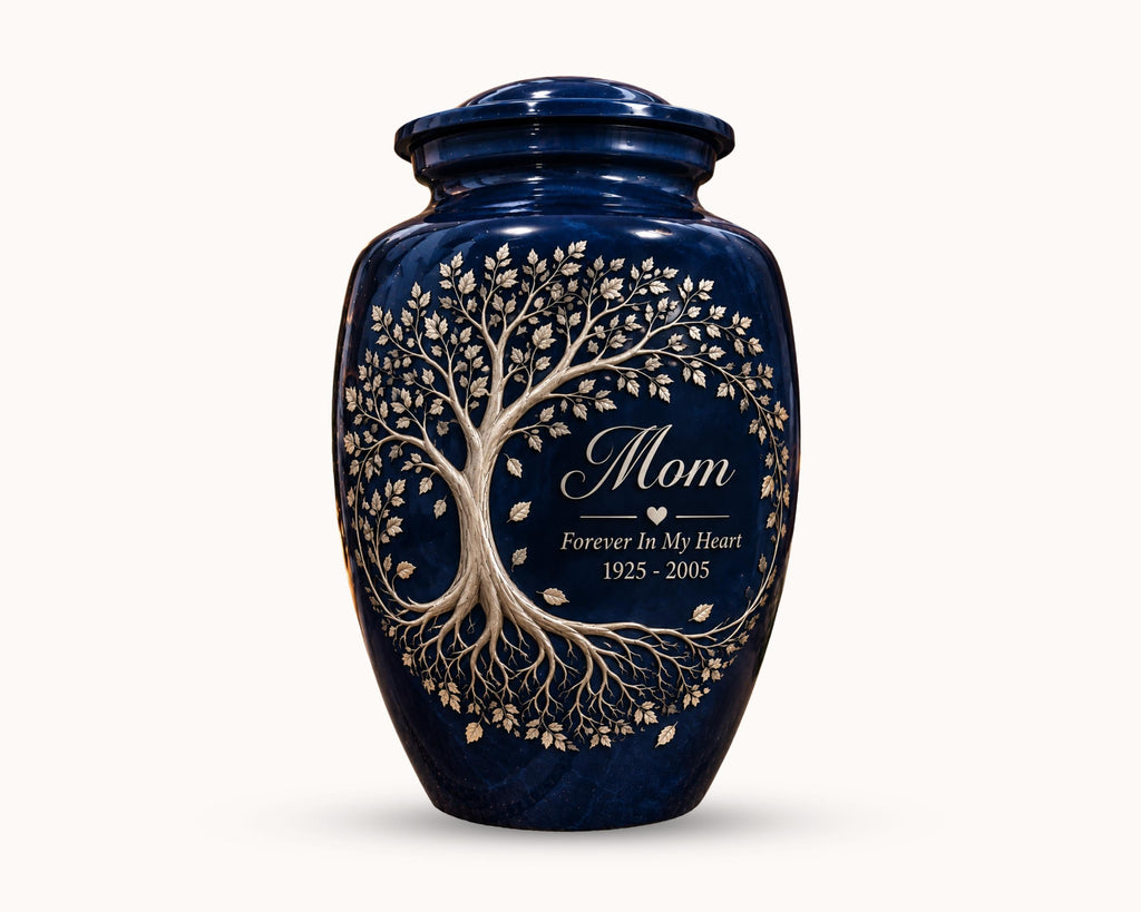 navy blue tree of life cremation urn for human ashes, handmade aluminum memorial urn – photo 5