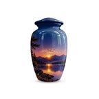mountain sunset lake cremation urn for human ashes, handmade aluminum memorial urn – photo 2
