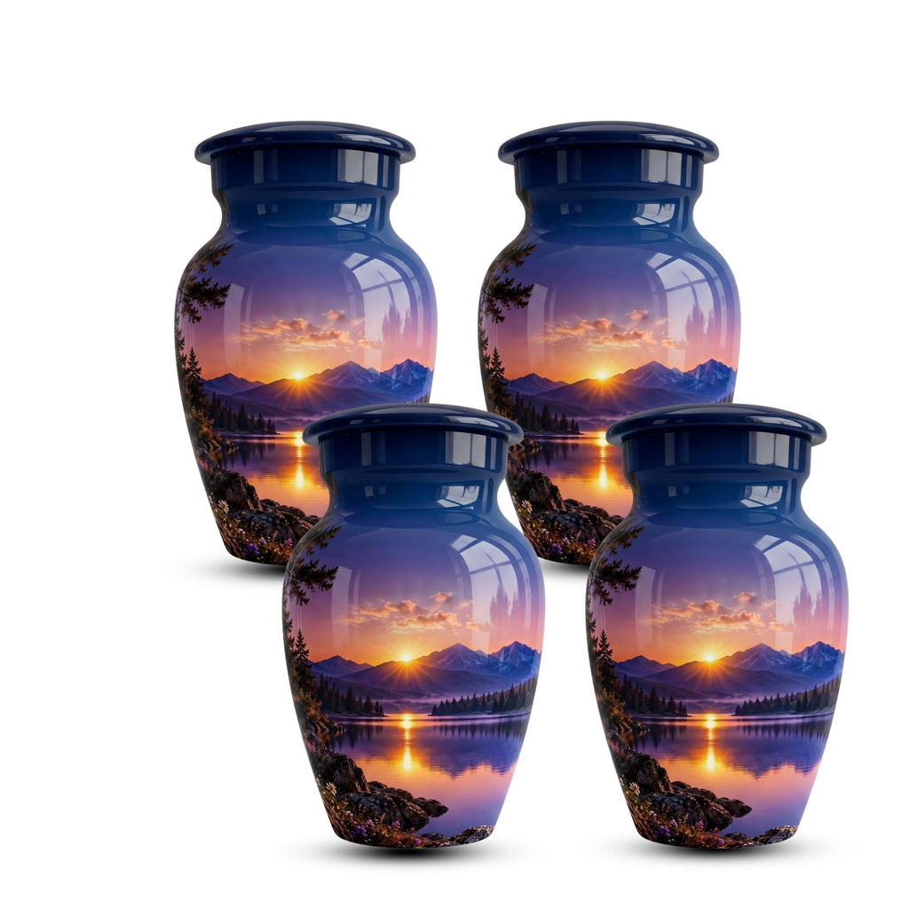 mountain sunset lake cremation urn for human ashes, handmade aluminum memorial urn – photo 7