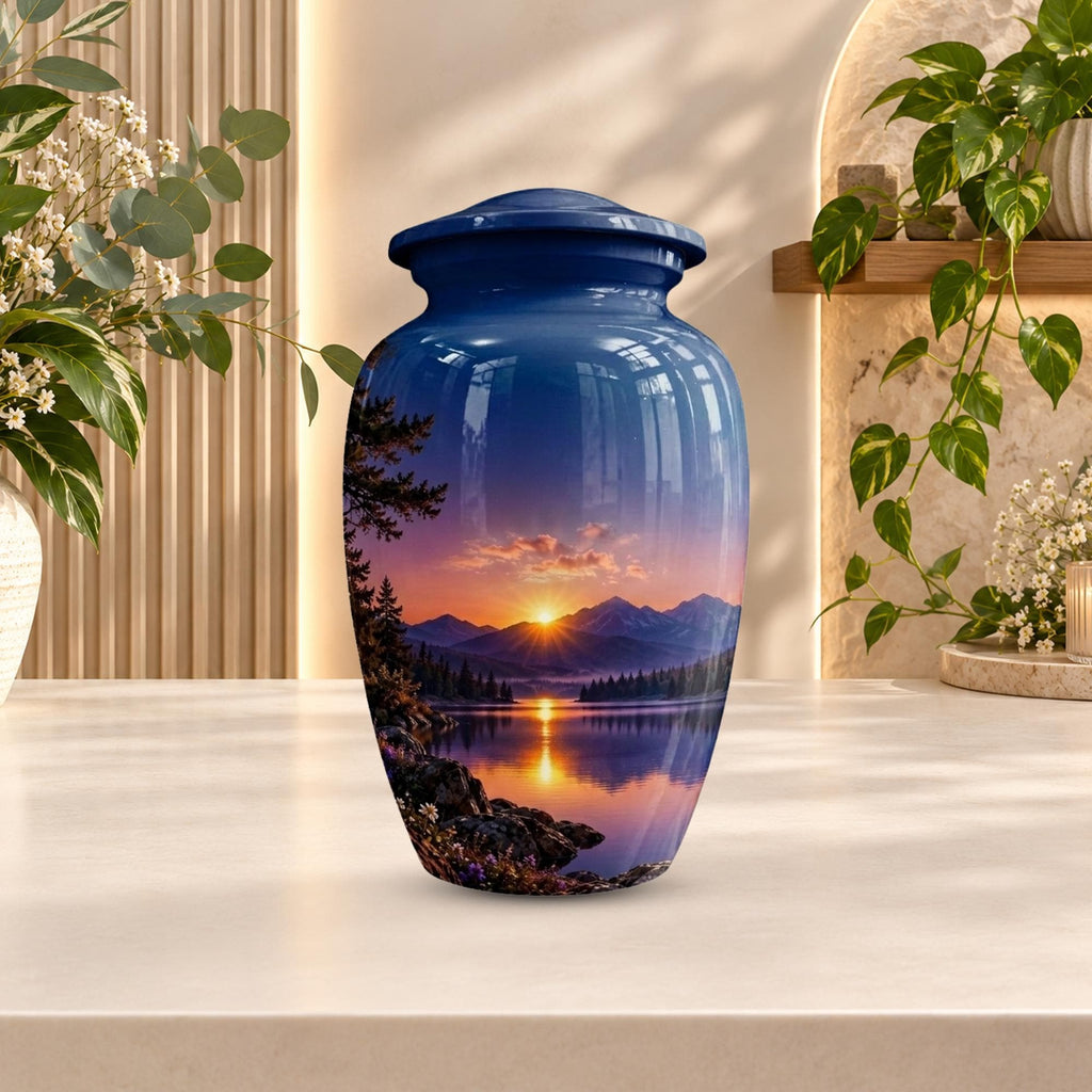 mountain sunset lake cremation urn for human ashes, handmade aluminum memorial urn – photo 3