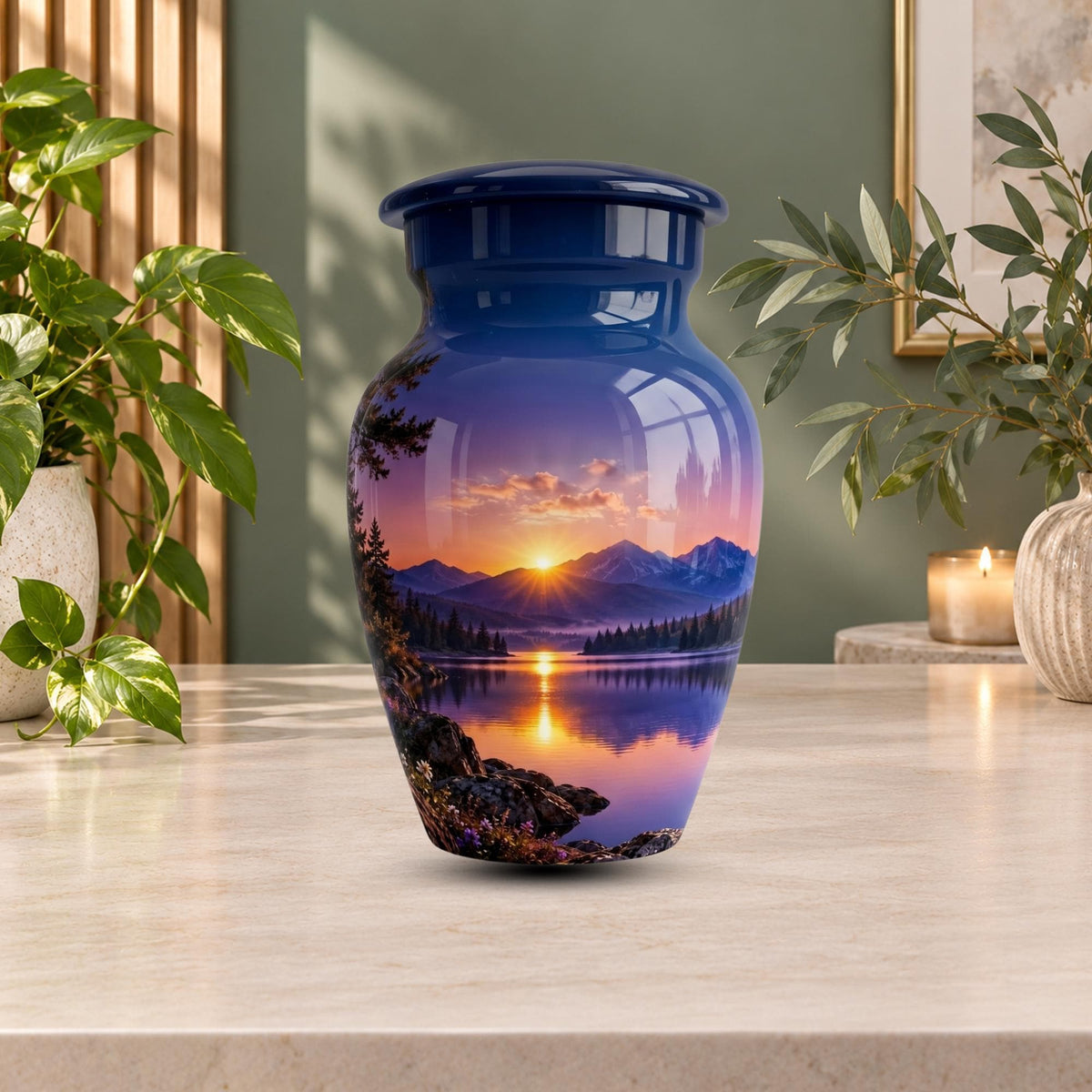 mountain sunset lake cremation urn for human ashes, handmade aluminum memorial urn – photo 9
