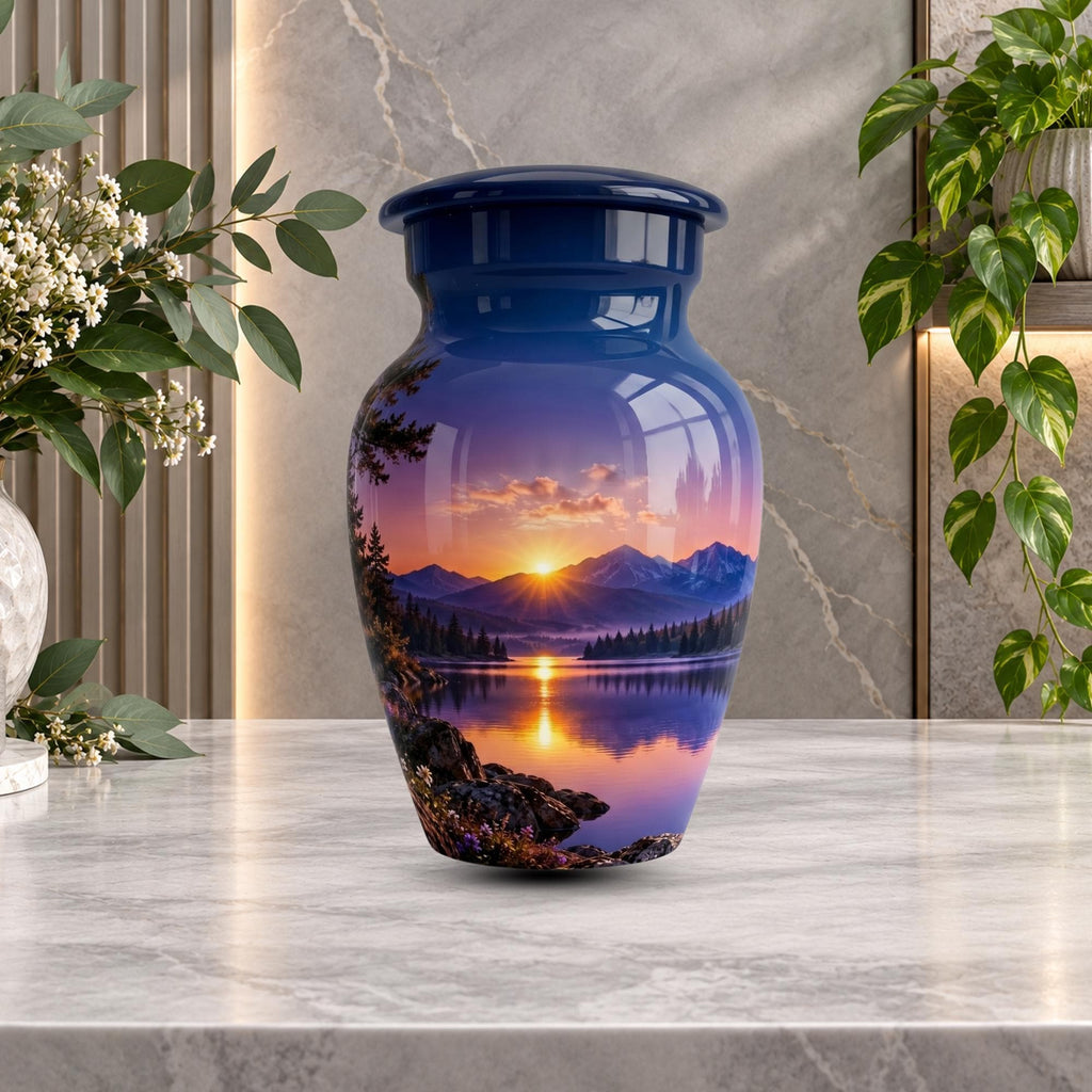 mountain sunset lake cremation urn for human ashes, handmade aluminum memorial urn – photo 10