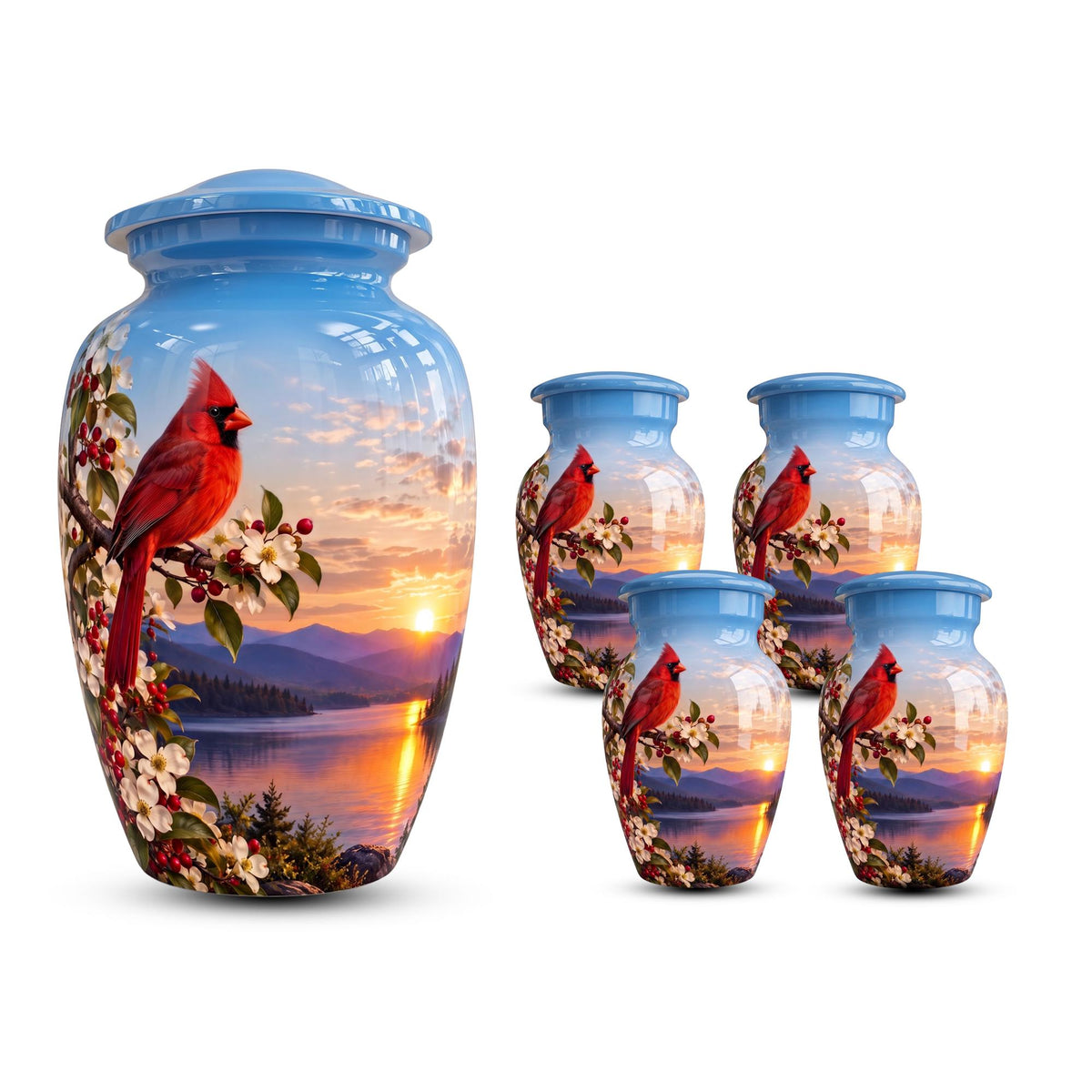 red cardinal dogwood cremation urn for human ashes, handmade aluminum memorial urn – photo 9