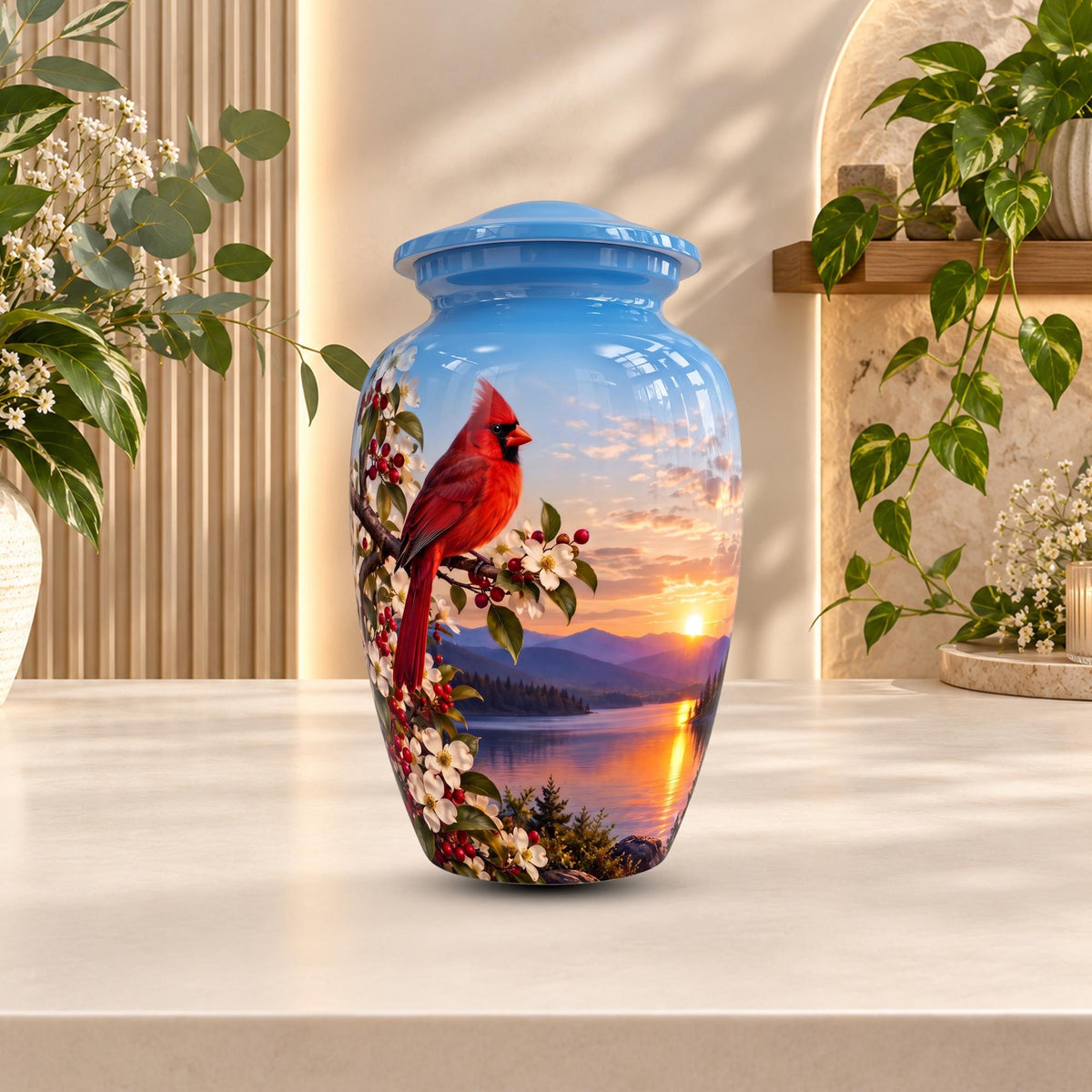 red cardinal dogwood cremation urn for human ashes, handmade aluminum memorial urn – photo 4