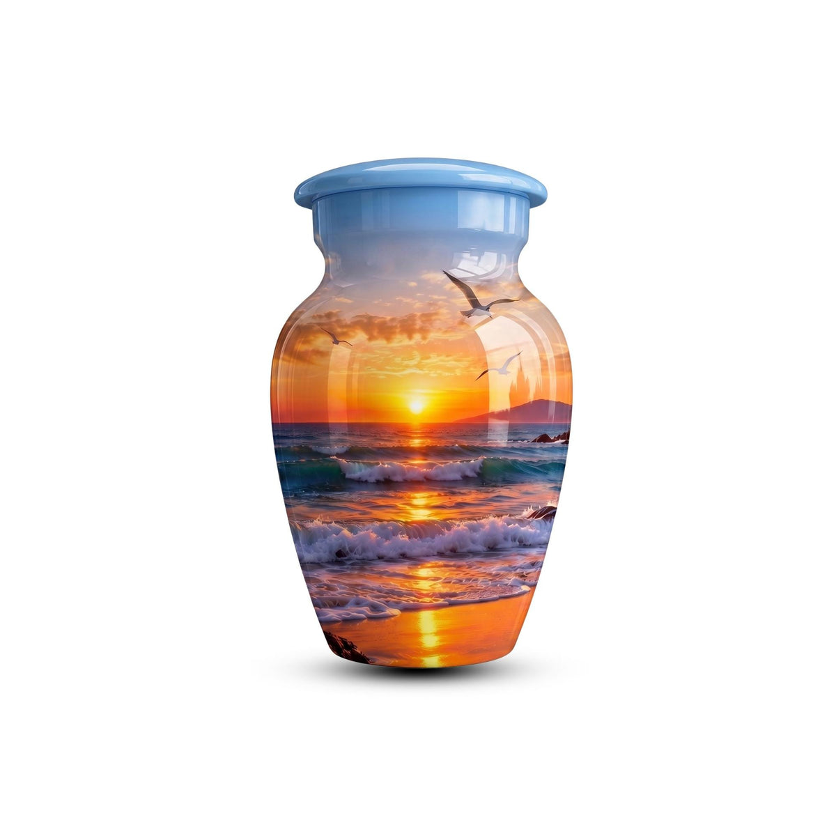 seagull beach sunset cremation urn for human ashes, handmade aluminum memorial urn – photo 5