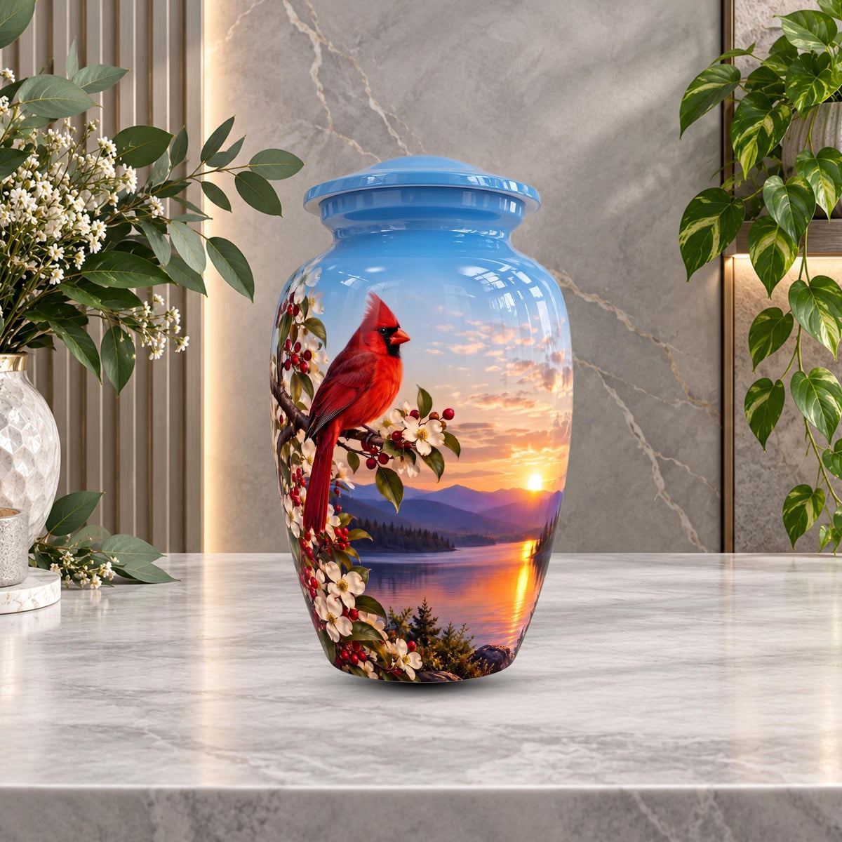 red cardinal dogwood cremation urn for human ashes, handmade aluminum memorial urn – photo 5