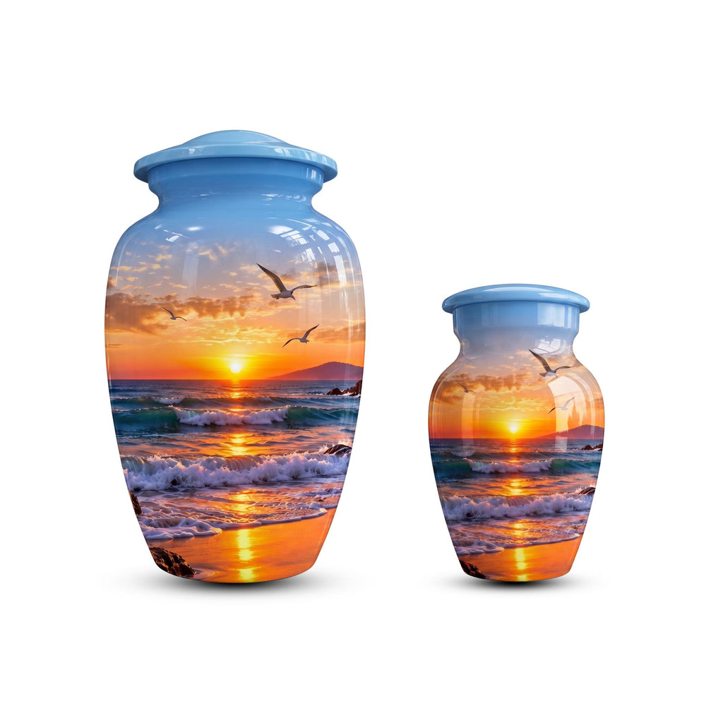seagull beach sunset cremation urn for human ashes, handmade aluminum memorial urn – photo 8