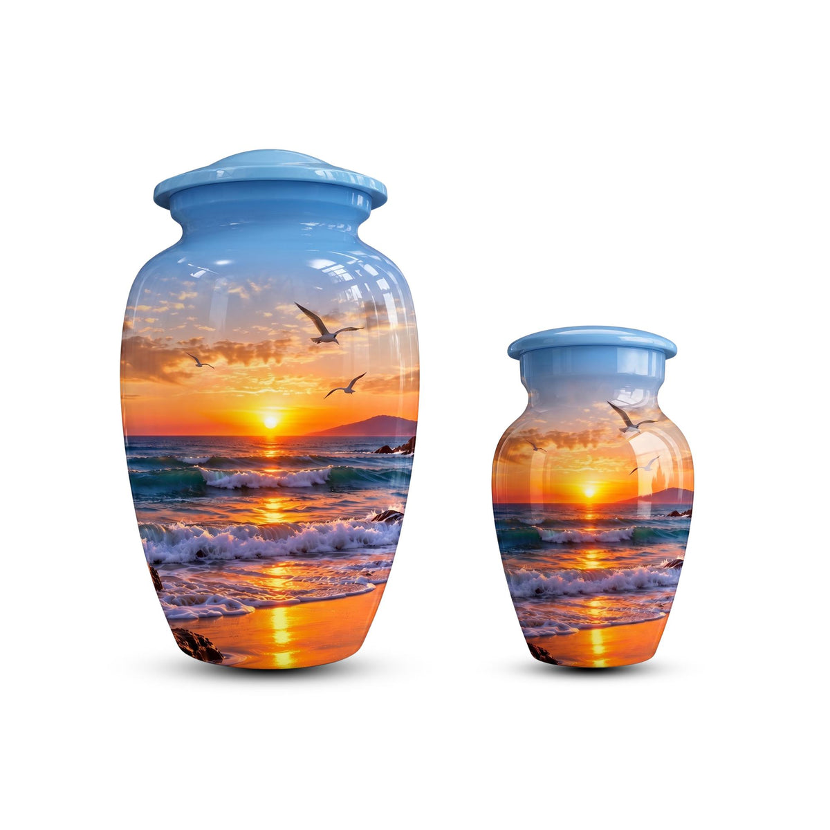 seagull beach sunset cremation urn for human ashes, handmade aluminum memorial urn – photo 8