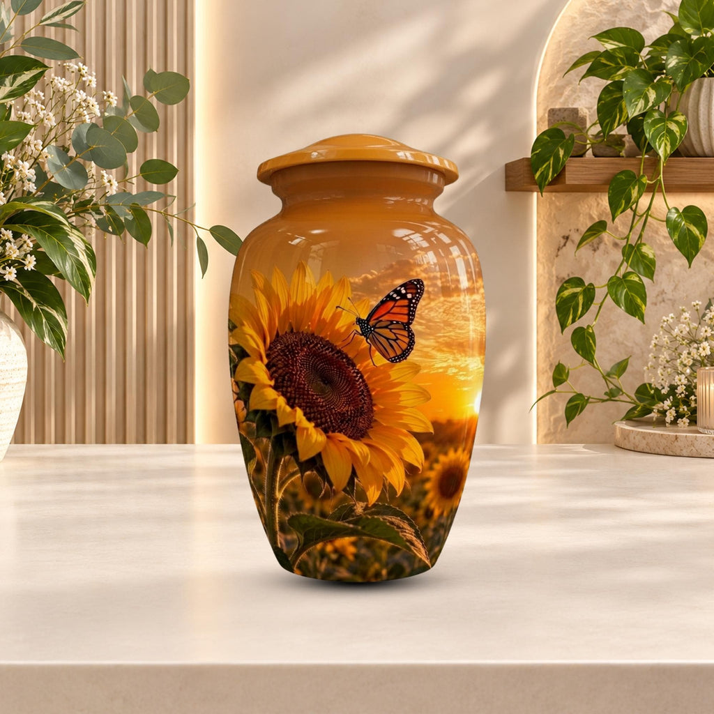 sunflower monarch butterfly cremation urn for human ashes, handmade aluminum memorial urn – photo 3