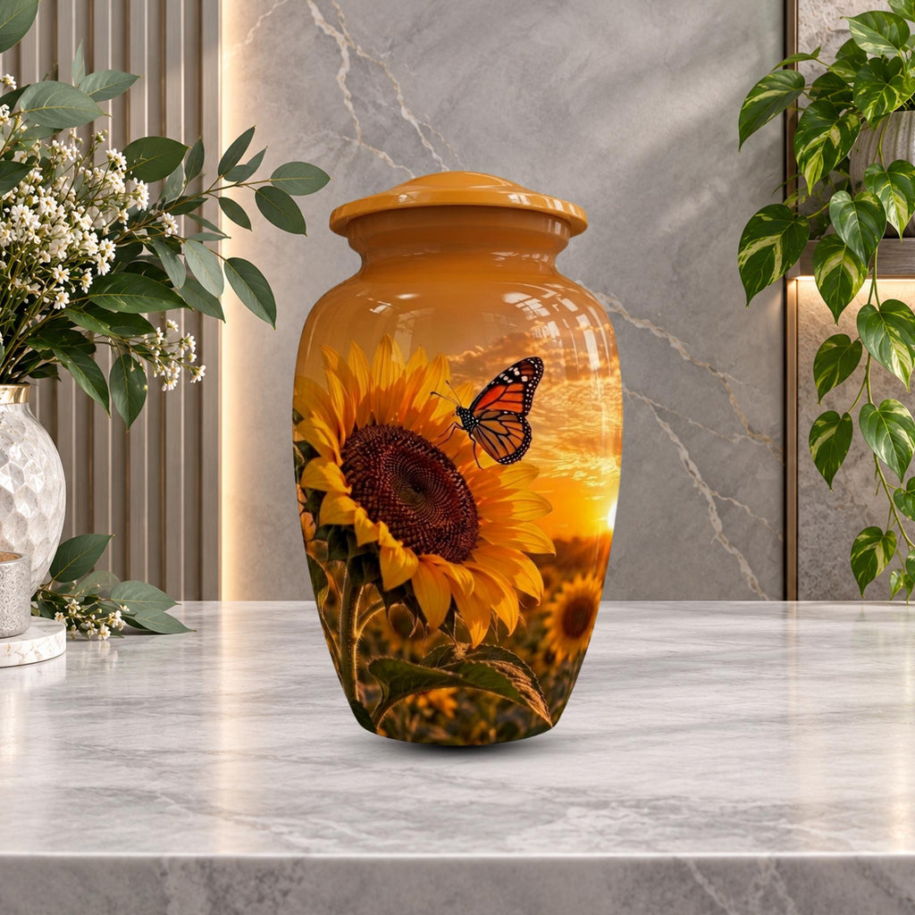 sunflower monarch butterfly cremation urn for human ashes, handmade aluminum memorial urn – photo 4
