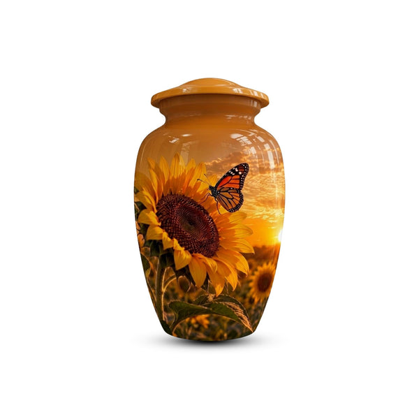 sunflower monarch butterfly cremation urn for human ashes, handmade aluminum memorial urn – photo 1
