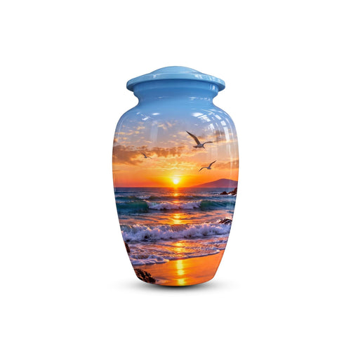seagull beach sunset cremation urn for human ashes, handmade aluminum memorial urn – photo 1
