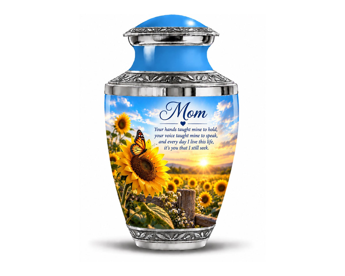 sunflower sunset cremation urn for human ashes, handmade aluminum memorial urn – photo 1