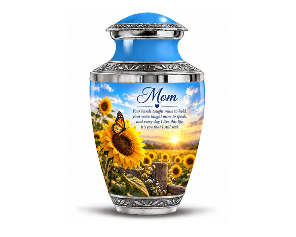 sunflower sunset cremation urn for human ashes, handmade aluminum memorial urn – photo 1