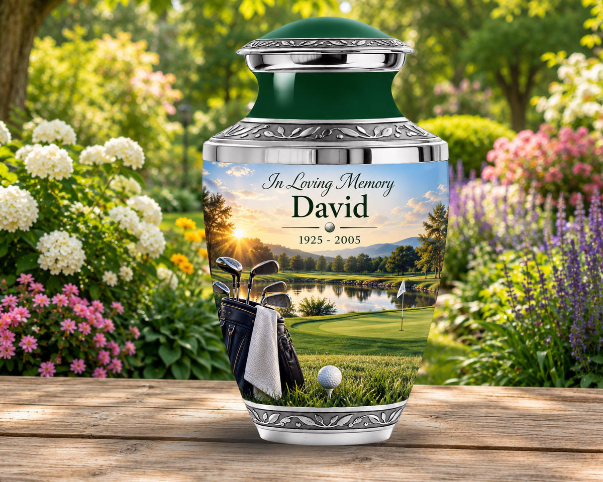 golf lake clubs cremation urn for human ashes, handmade aluminum memorial urn – photo 2