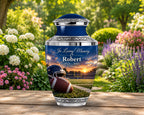 football helmet field cremation urn for human ashes, handmade aluminum memorial urn – photo 4