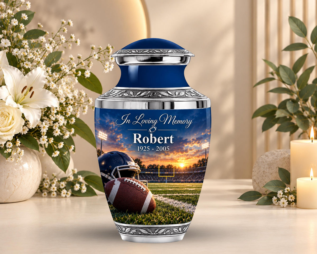 football helmet field cremation urn for human ashes, handmade aluminum memorial urn – photo 5