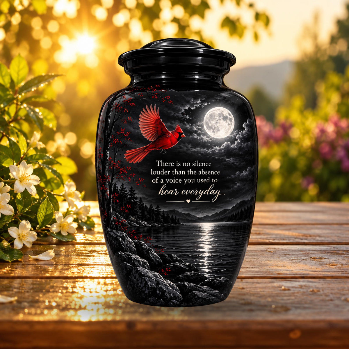 red cardinal moonlight cremation urn for human ashes, handmade aluminum memorial urn – photo 1