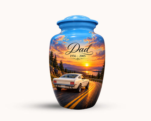 vintage car sunset road cremation urn for human ashes, handmade aluminum memorial urn – photo 1