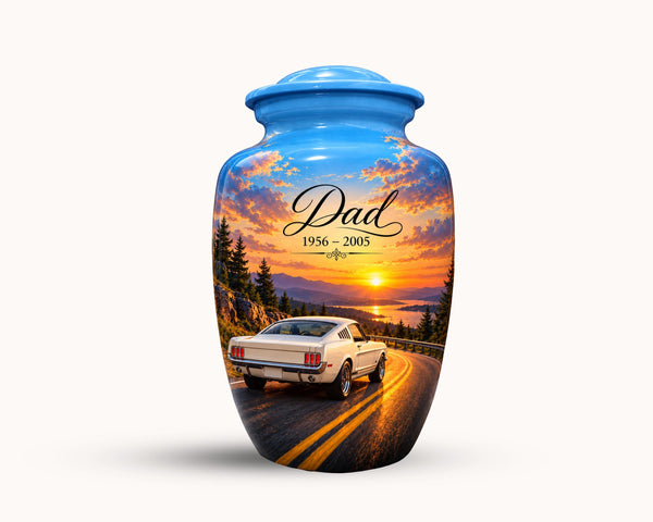 vintage car sunset road cremation urn for human ashes, handmade aluminum memorial urn – photo 1