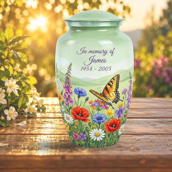 green butterfly wildflower cremation urn for human ashes, handmade aluminum memorial urn – photo 1