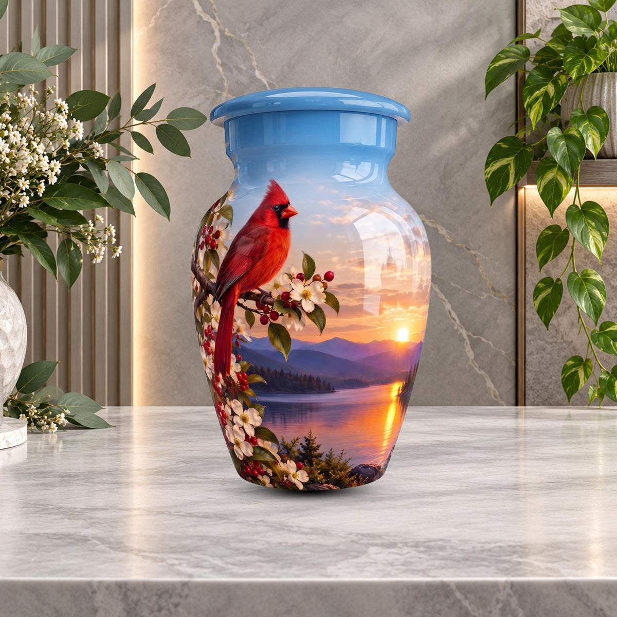 red cardinal dogwood cremation urn for human ashes, handmade aluminum memorial urn – photo 2