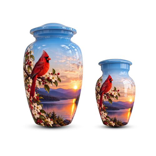 red cardinal dogwood cremation urn for human ashes, handmade aluminum memorial urn – photo 1
