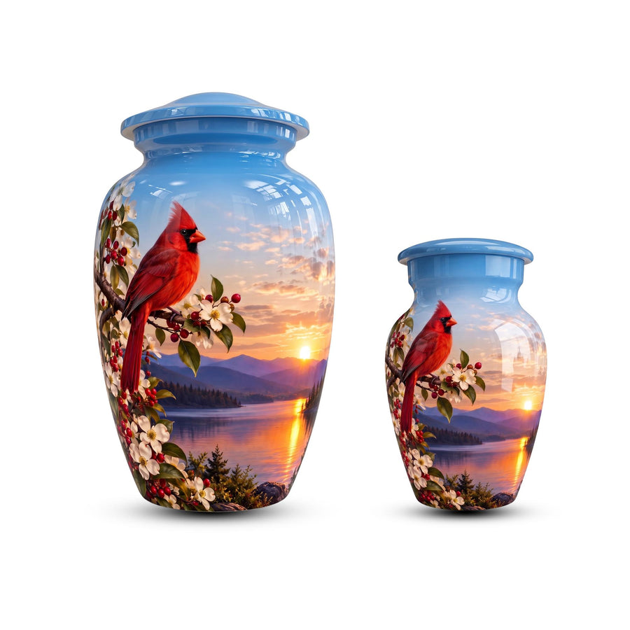 red cardinal dogwood cremation urn for human ashes, handmade aluminum memorial urn – photo 1