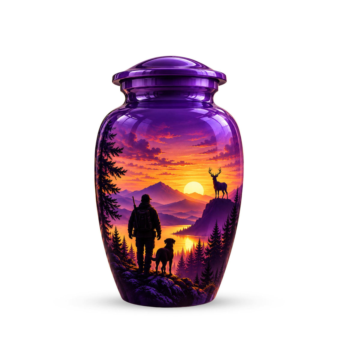 hunter and dog sunset cremation urn for human ashes, handmade aluminum memorial urn – photo 6