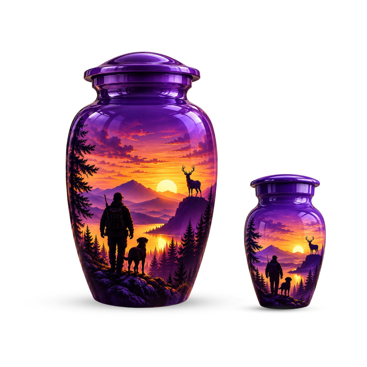 hunter and dog sunset cremation urn for human ashes, handmade aluminum memorial urn – photo 3