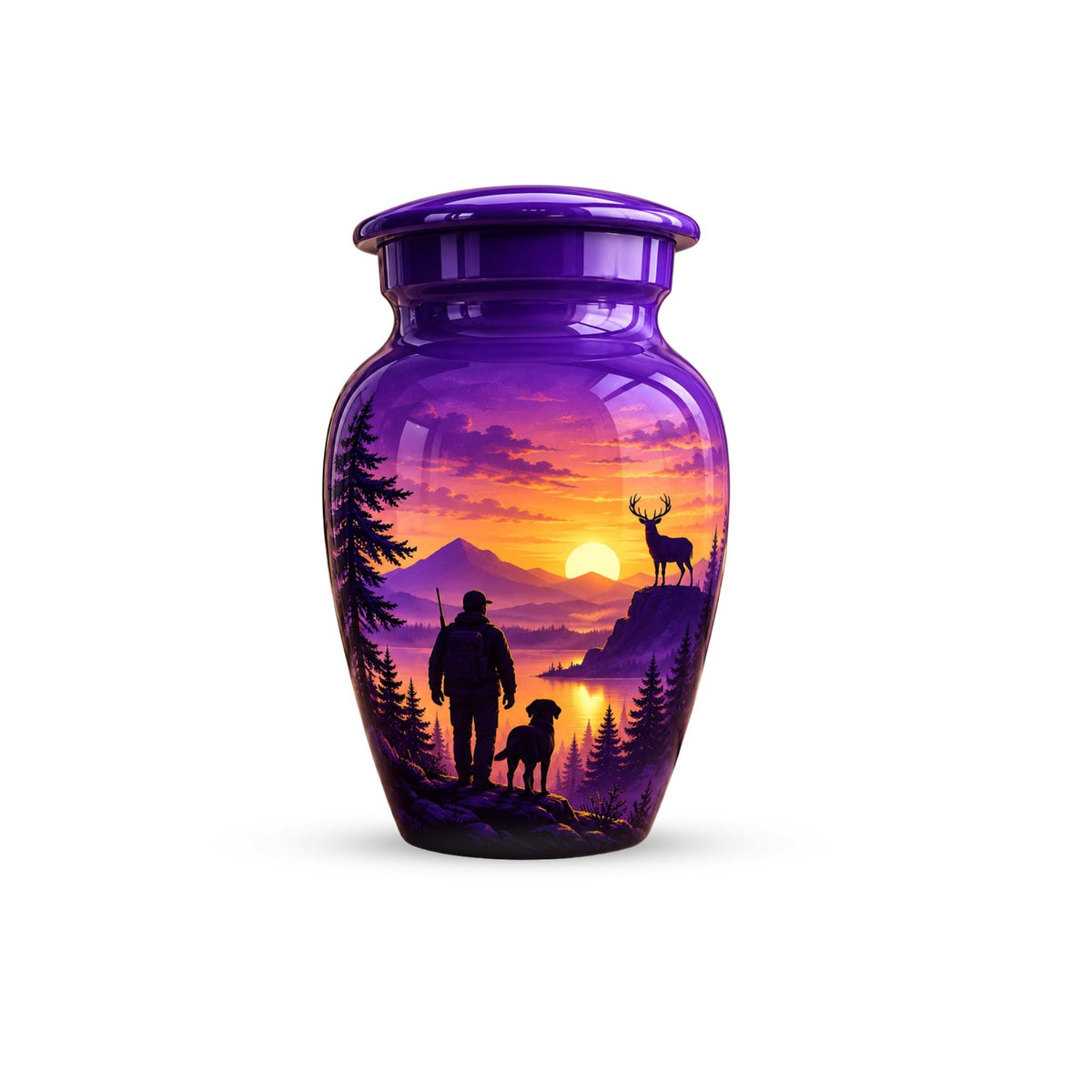 hunter and dog sunset cremation urn for human ashes, handmade aluminum memorial urn – photo 1
