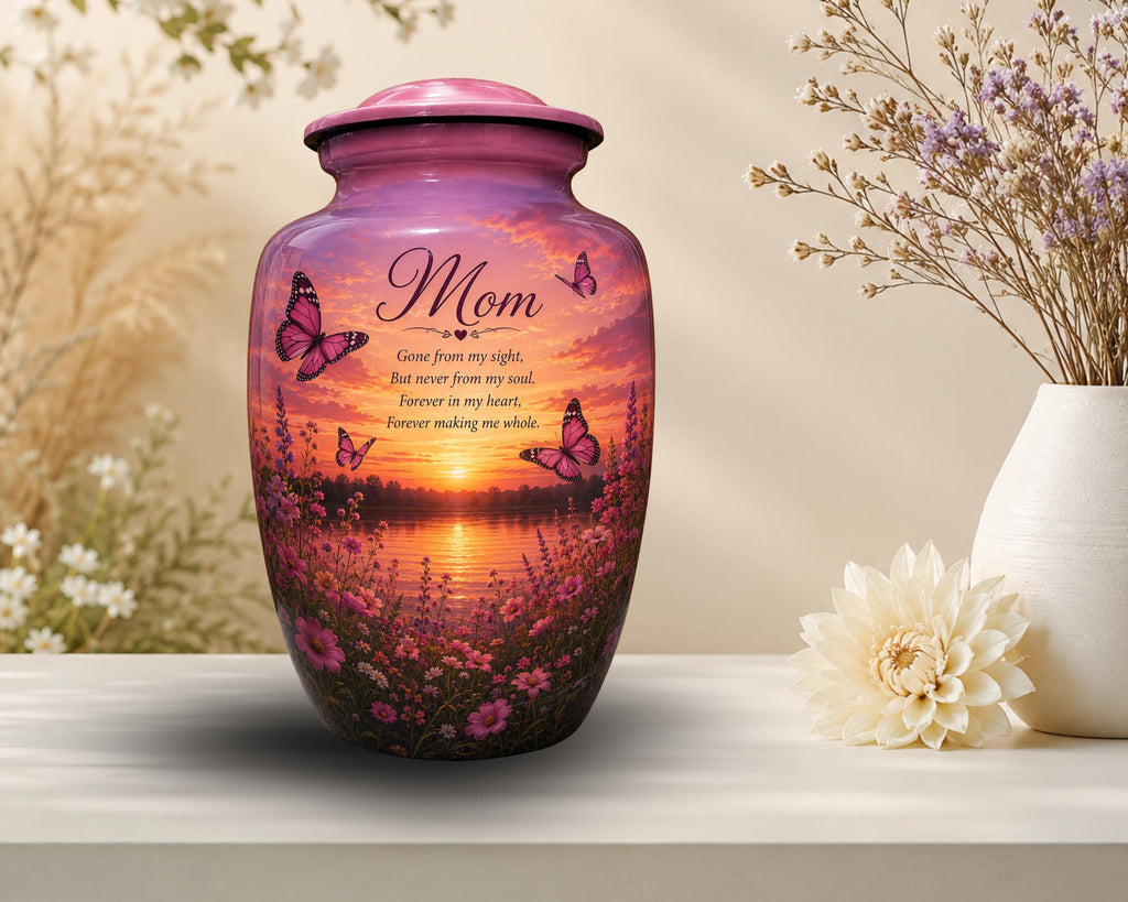pink butterfly wildflower cremation urn for human ashes, handmade aluminum memorial urn – photo 1