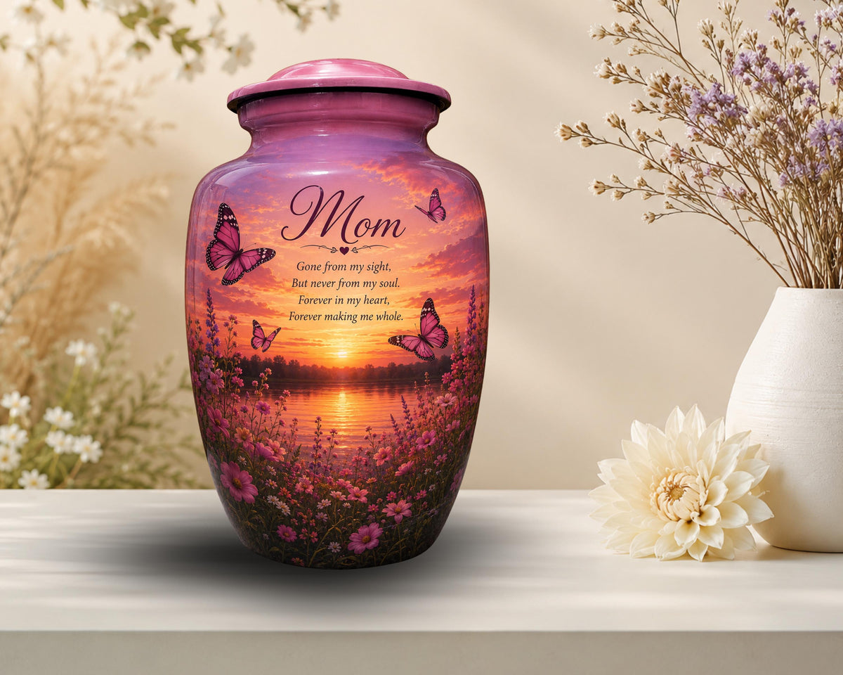 pink butterfly wildflower cremation urn for human ashes, handmade aluminum memorial urn – photo 1