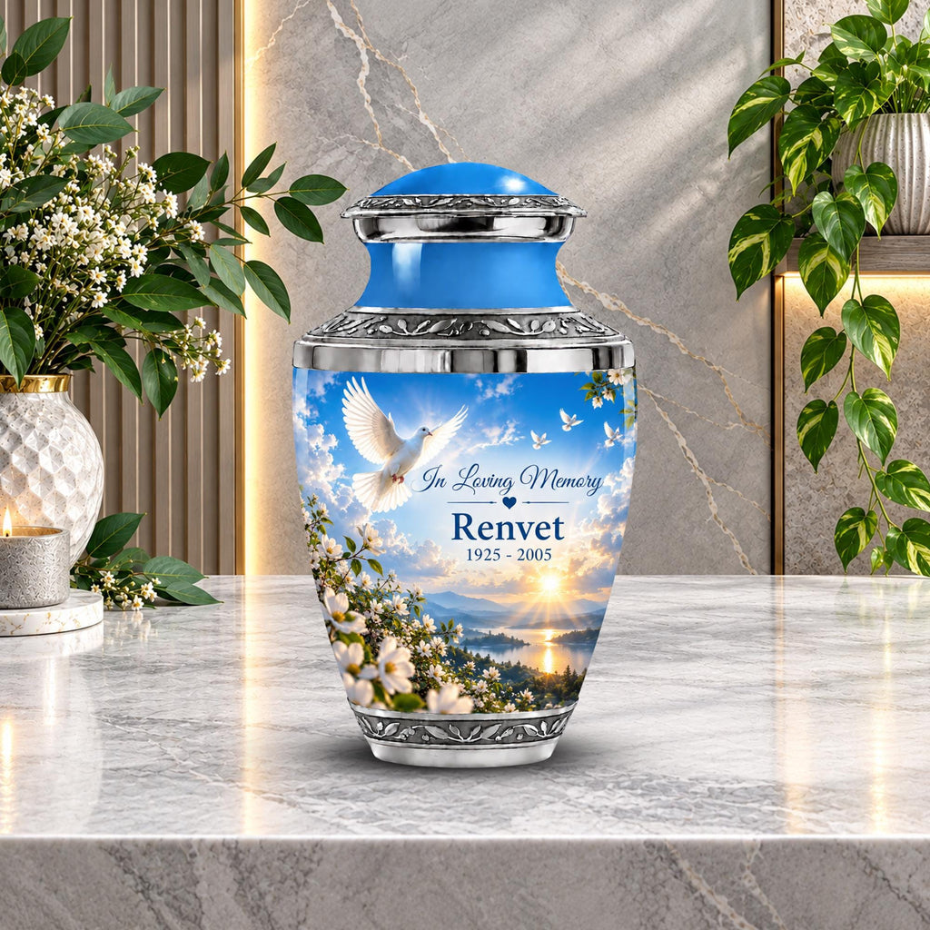 blue dove in flight cremation urn for human ashes, handmade aluminum memorial urn – photo 2