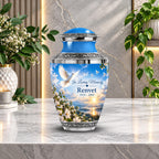 blue dove in flight cremation urn for human ashes, handmade aluminum memorial urn – photo 2