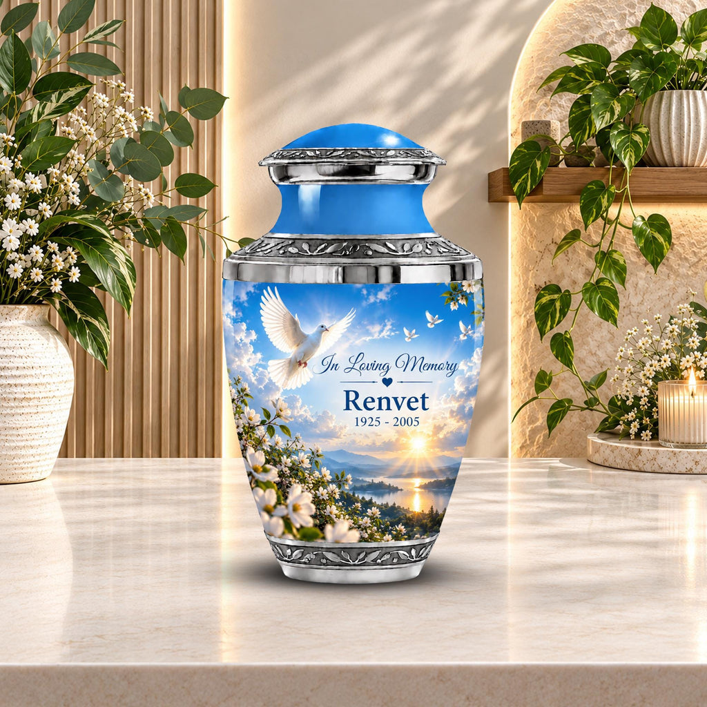 blue dove in flight cremation urn for human ashes, handmade aluminum memorial urn – photo 3