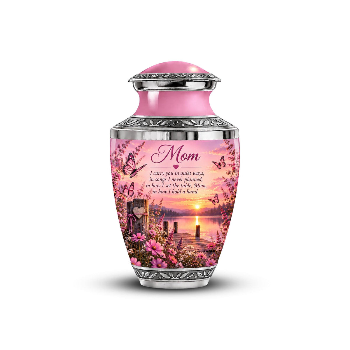 pink sunset lake dock cremation urn for human ashes, handmade aluminum memorial urn – photo 4
