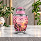 pink sunset lake dock cremation urn for human ashes, handmade aluminum memorial urn – photo 2
