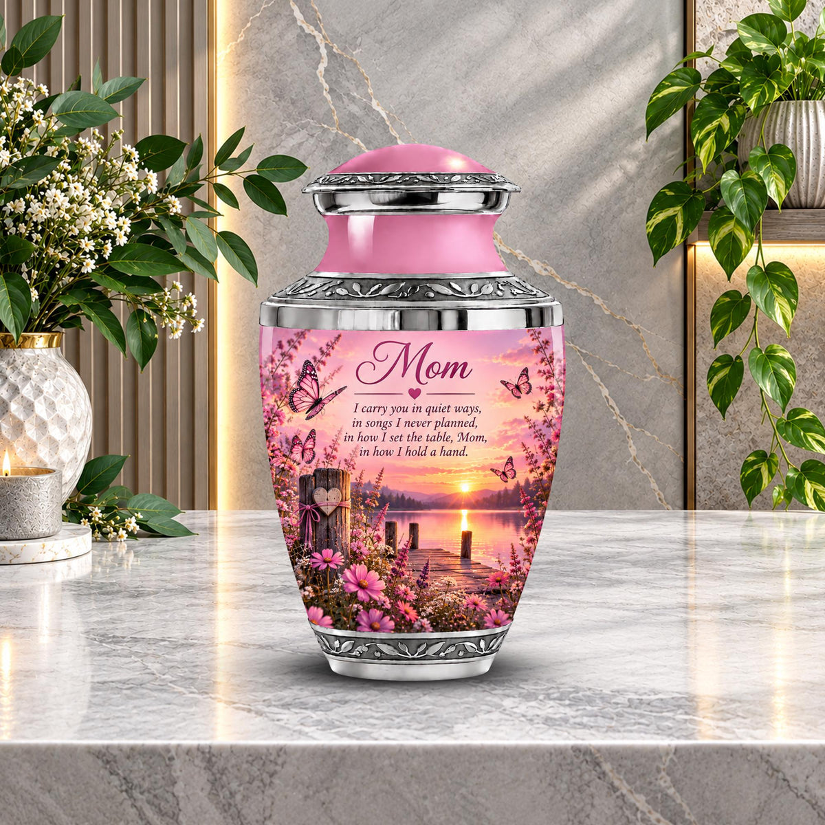 pink sunset lake dock cremation urn for human ashes, handmade aluminum memorial urn – photo 2