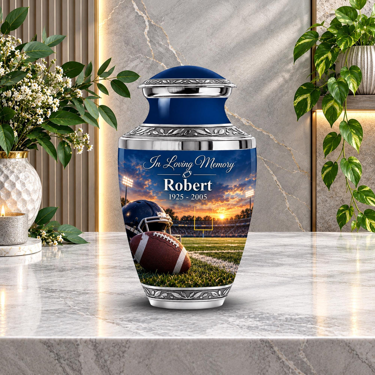 football stadium sunset cremation urn for human ashes, handmade aluminum memorial urn – photo 3