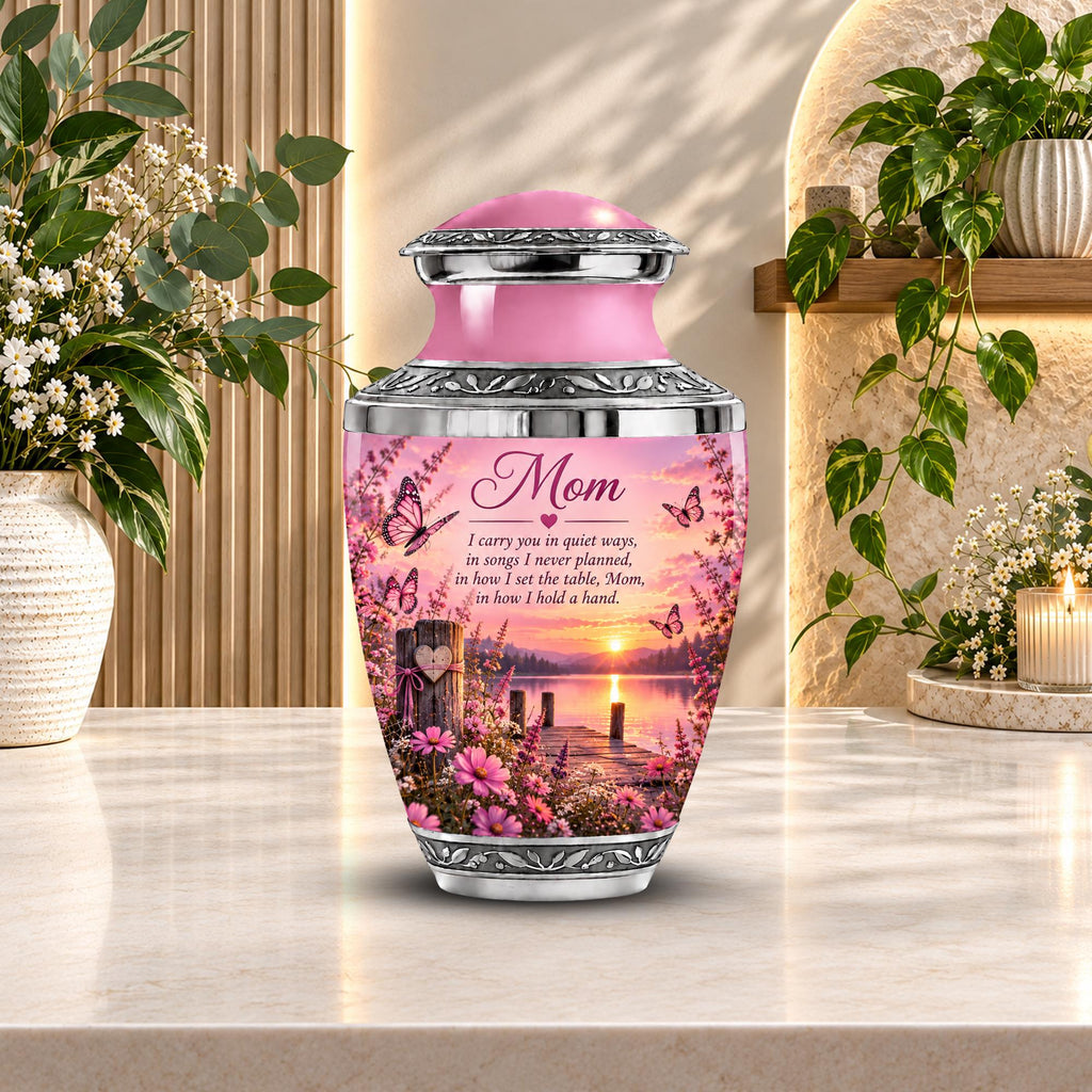 pink sunset lake dock cremation urn for human ashes, handmade aluminum memorial urn – photo 1