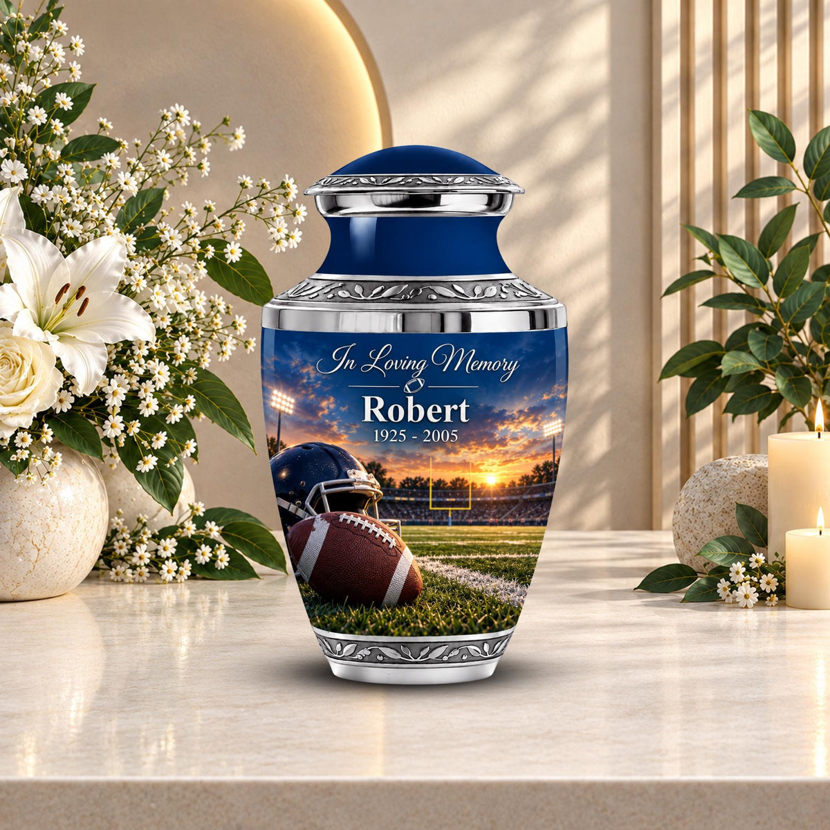 football stadium sunset cremation urn for human ashes, handmade aluminum memorial urn – photo 1