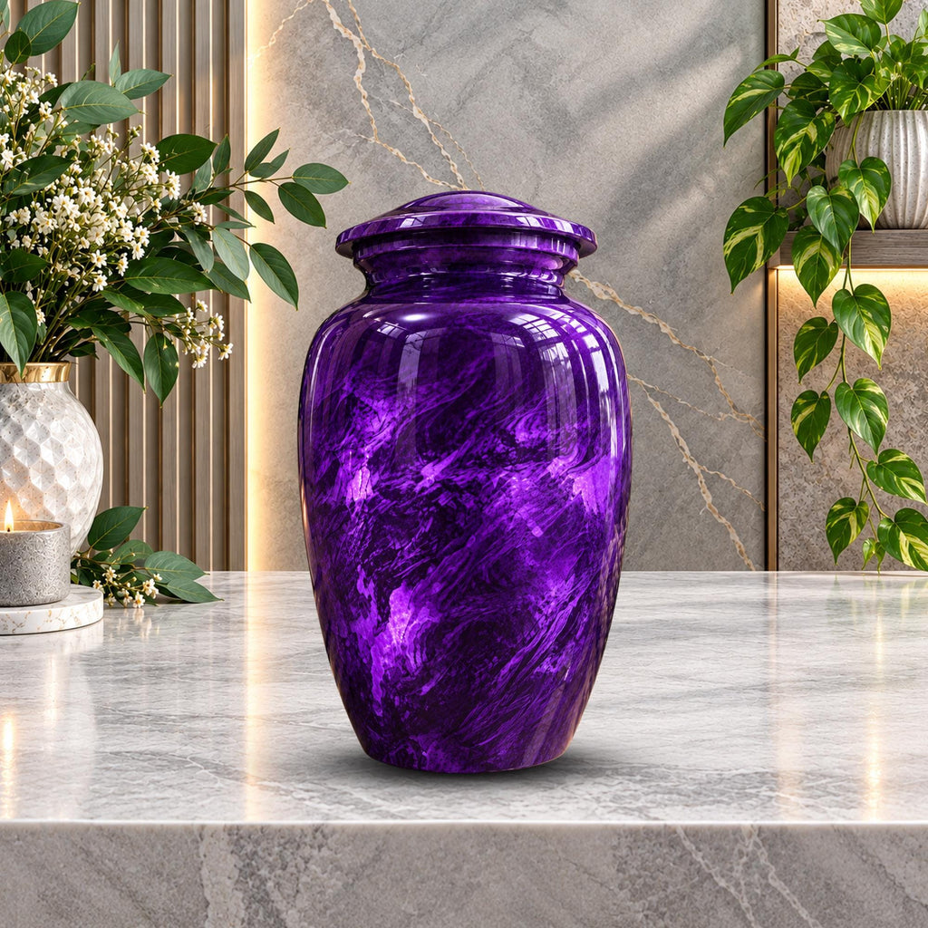 purple marble cremation urn for human ashes, handmade aluminum memorial urn – photo 3