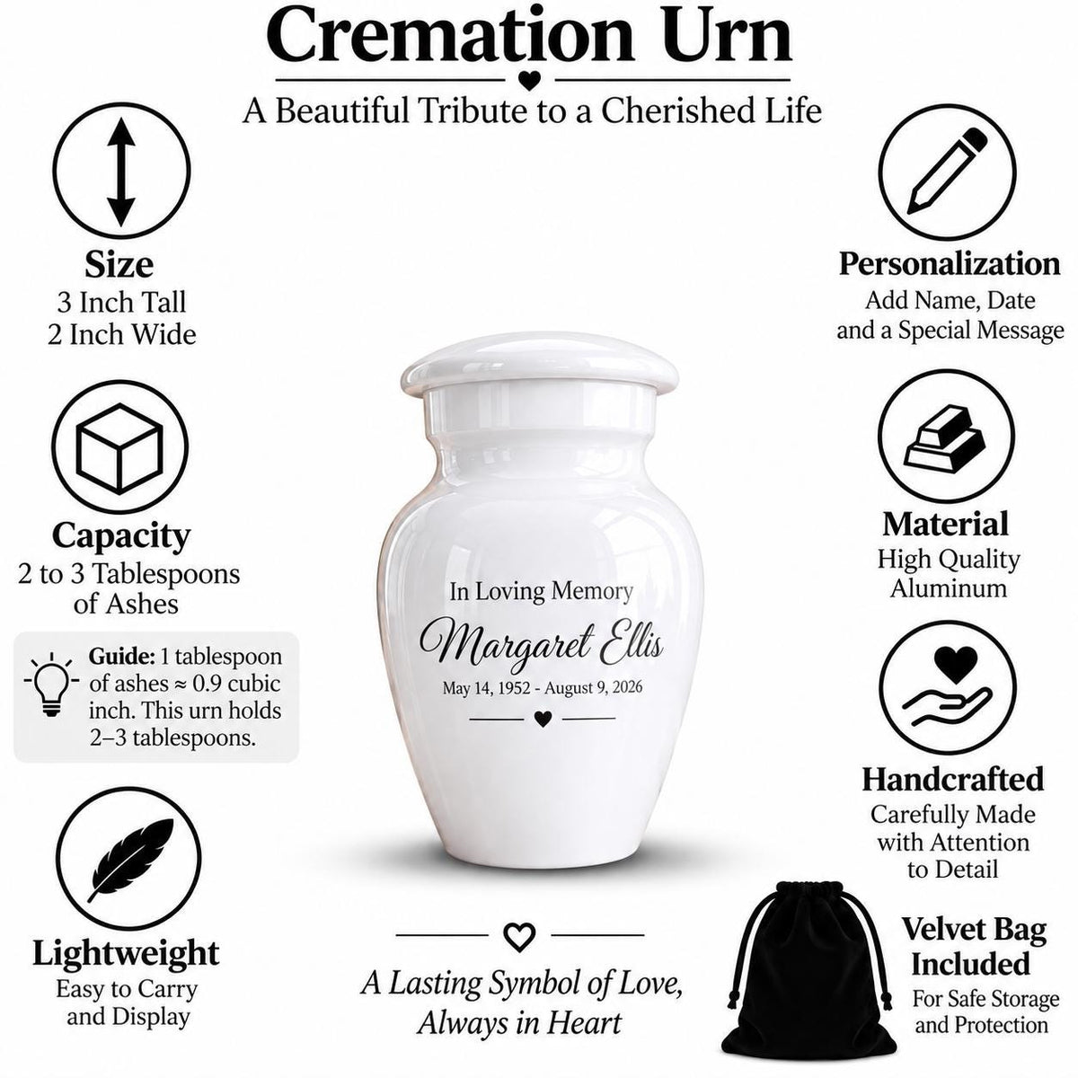 personalized mini keepsake urn for ashes, handmade aluminum memorial urn – photo 5