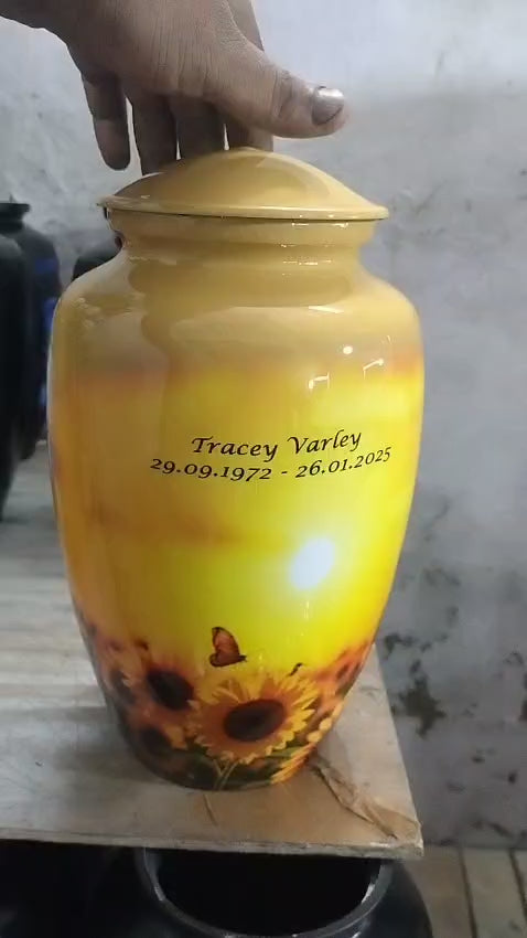 Handmade Cremation Urn for Human Ashes Adult – Sunflower Aluminum Memorial Urn, Large 10 Inch 200 Cubic Inches Funeral Burial Urn